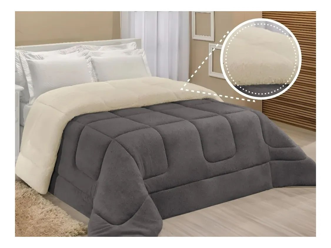 Edredom Cobertor Coberdrom Sherpa Casal Queen Grosso Macio Cor Cinza Luckbaby Liso