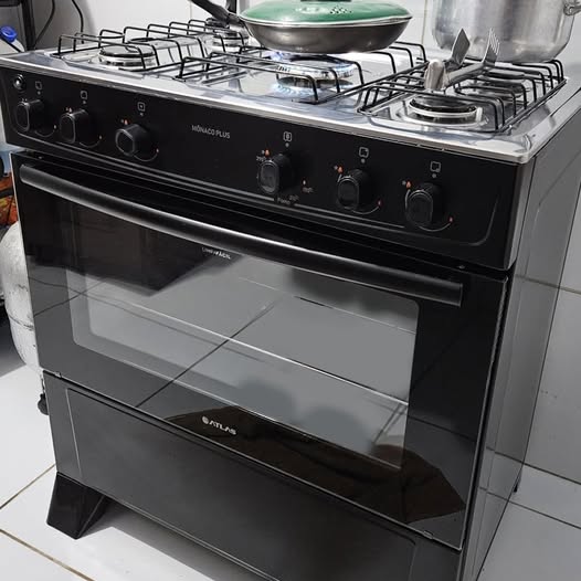 🤓Fogão 5 bocas Atlas Mônaco Plus Preto com Acendimento Automático e Mesa Inox