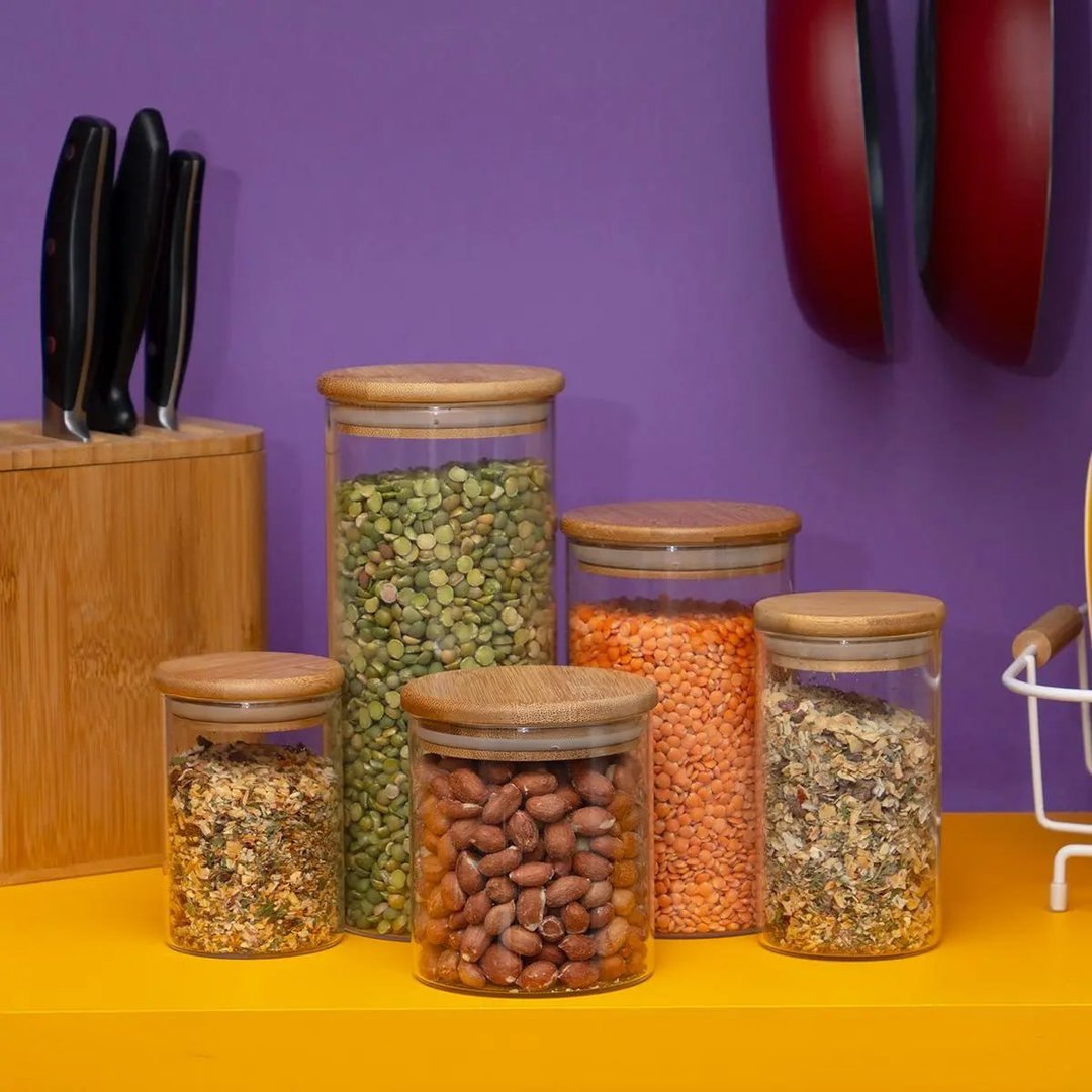 Kit 5 potes de vidro com tampa de bambu herméticos redondos - Tüd - TUD