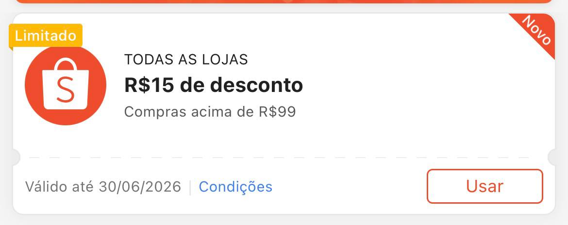 Cupom R$ 15 a partir de R$ 99 - Shopee
