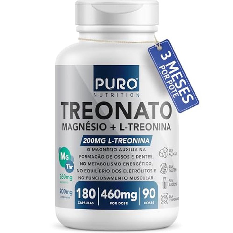Magnésio L-Treonato Puro Nutrition + Quelato, Alto Teor de Magnésio por Porção, 180 Cápsul...
