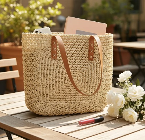 Bolsa Palha Artestore Grande c/ Zíper Moda Praia - Bege ou Cáqui