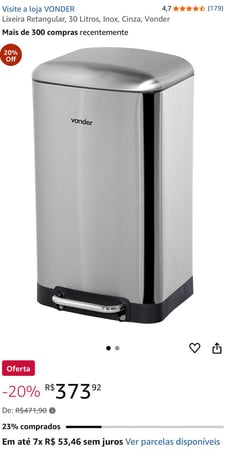 Lixeira Retangular, 30 Litros, Inox, Cinza, Vonder