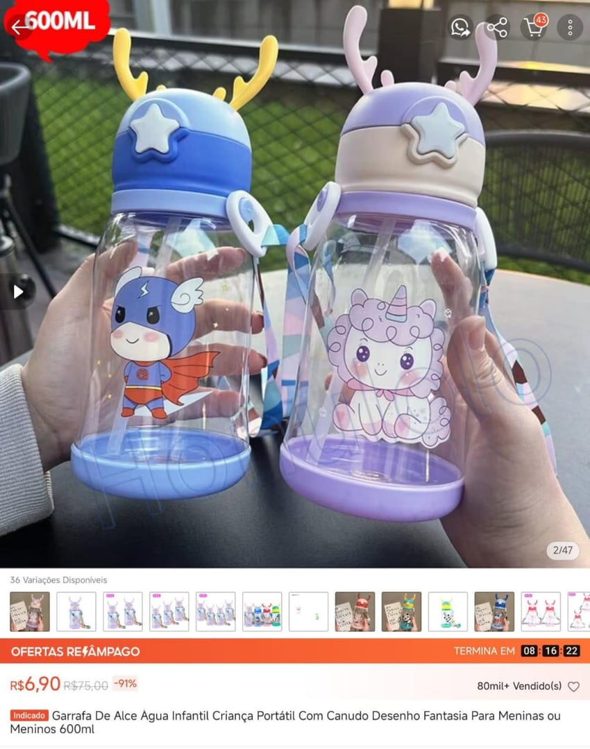 Garrafa De Alce Água Infantil Criança Portátil Com Canudo Desenho Fantasia Para Meninas ou...