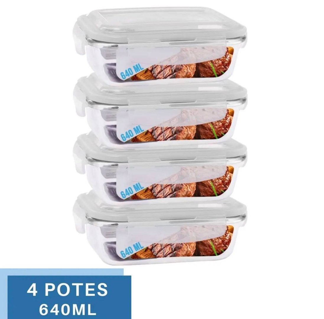 Jogo 4 Potes de Vidro Hermético Marmita Tampa 4 Travas 640ml - DONA LAURA