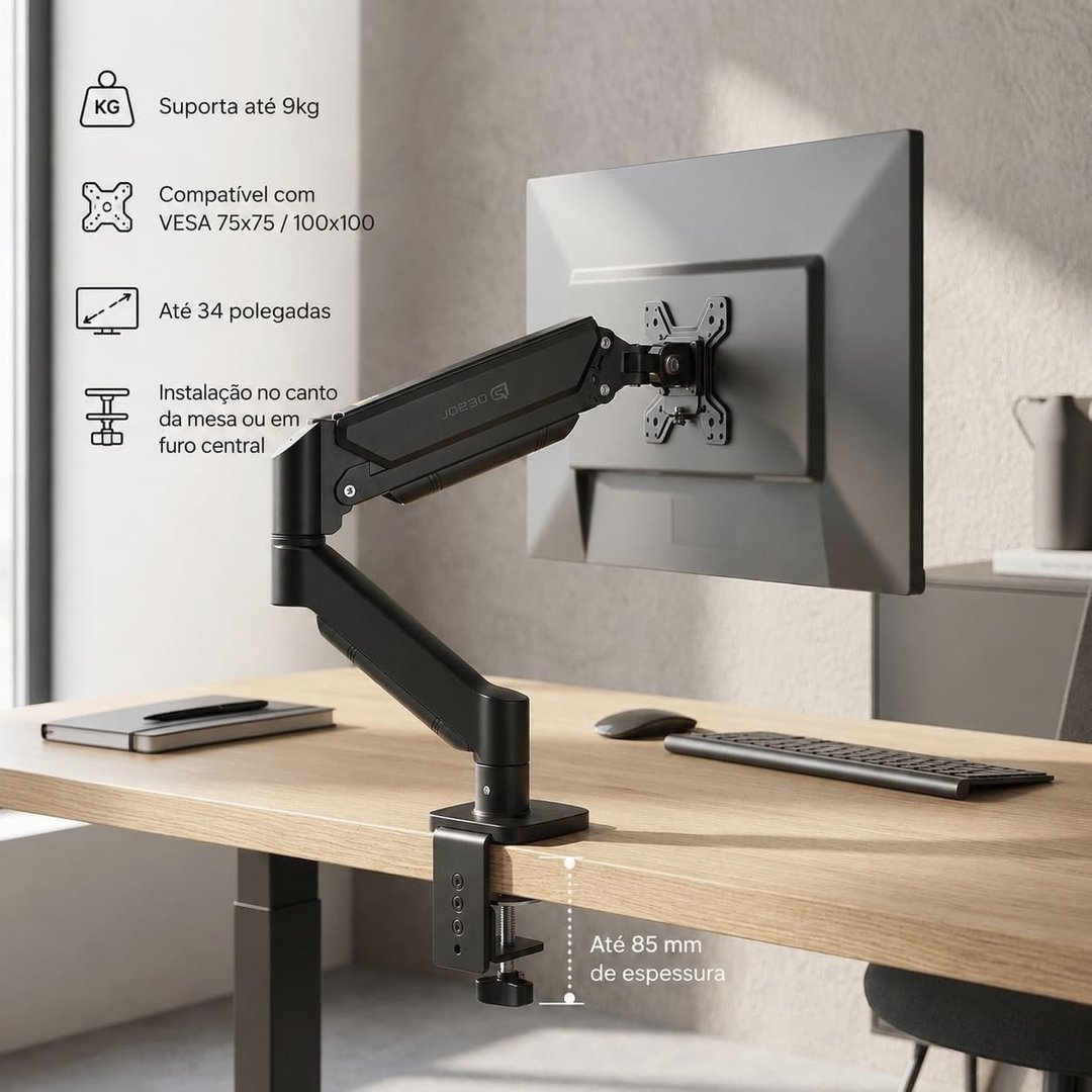 Braço articulado, suporte Articulado de Mesa, Pistão a Gás, Design Compacto e Retrátil, Ergonômico, Monitores 13'' a 35'', 2kg a 9kg, fixação monitor universal padrão vesa de 75x75mm e 100x100mm