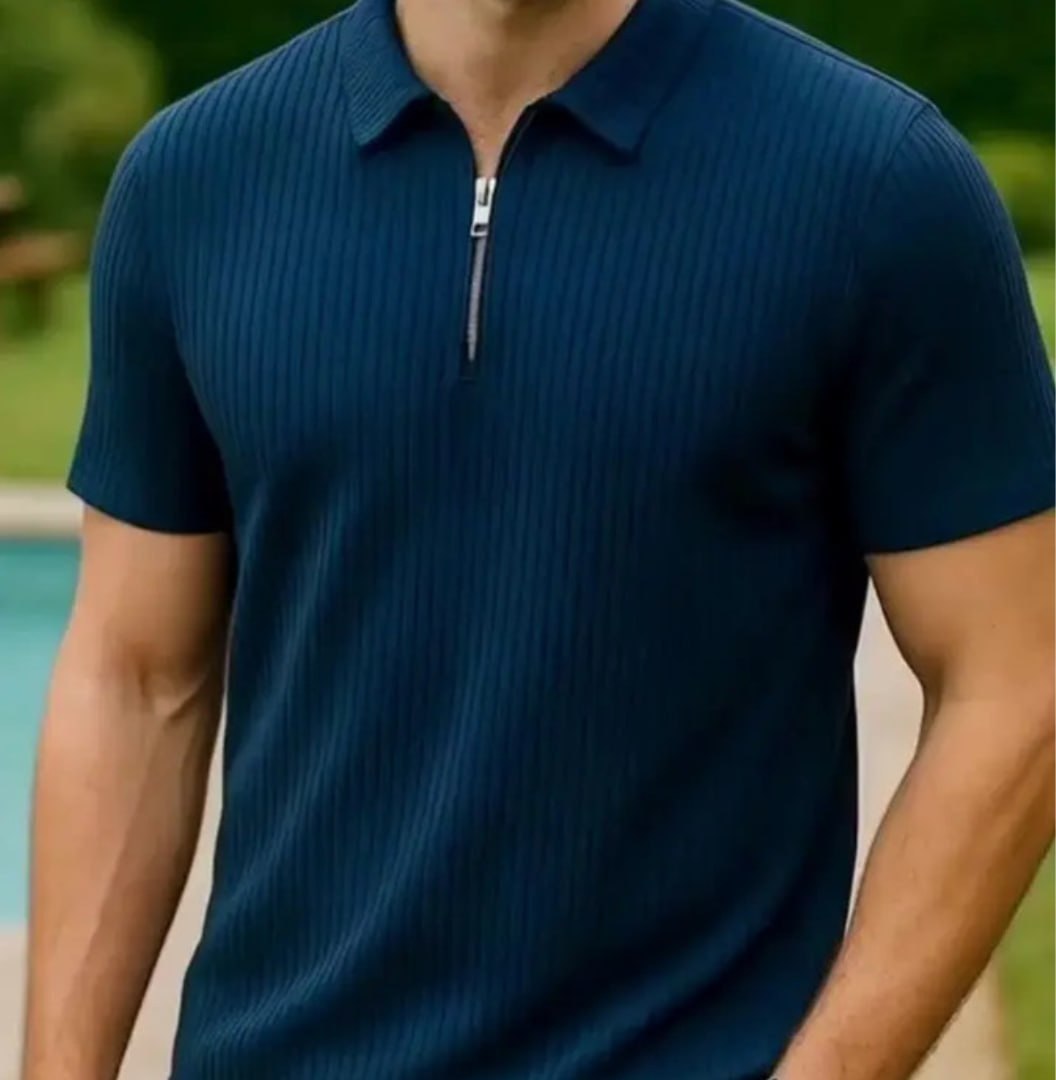 Camiseta Polo Manga Curta Com Ziper Masculina Malha Canelada