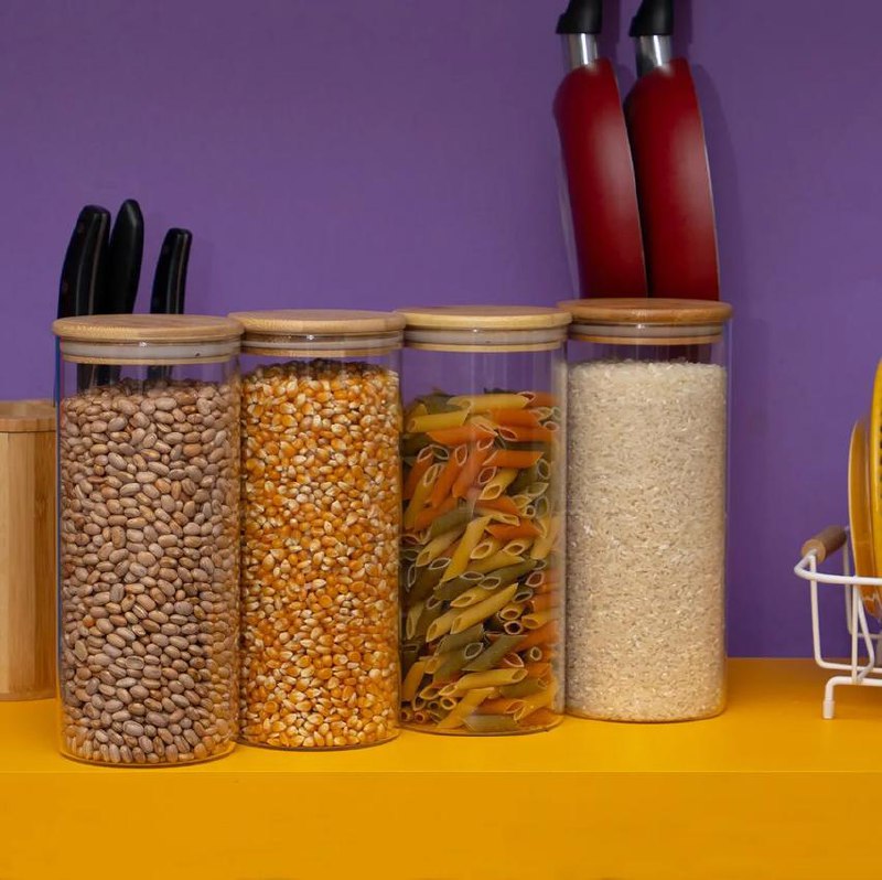 Kit 4 Potes De Vidro 1,6l Tampa De Bambu Herméticos - Tüd Cor Nude