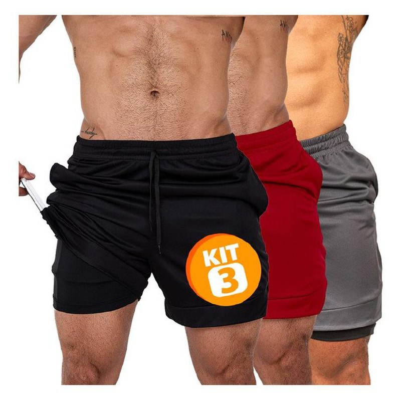 Kit 3 Bermudas - 2 Em 1 Short Duplo Esportivo Academia Run