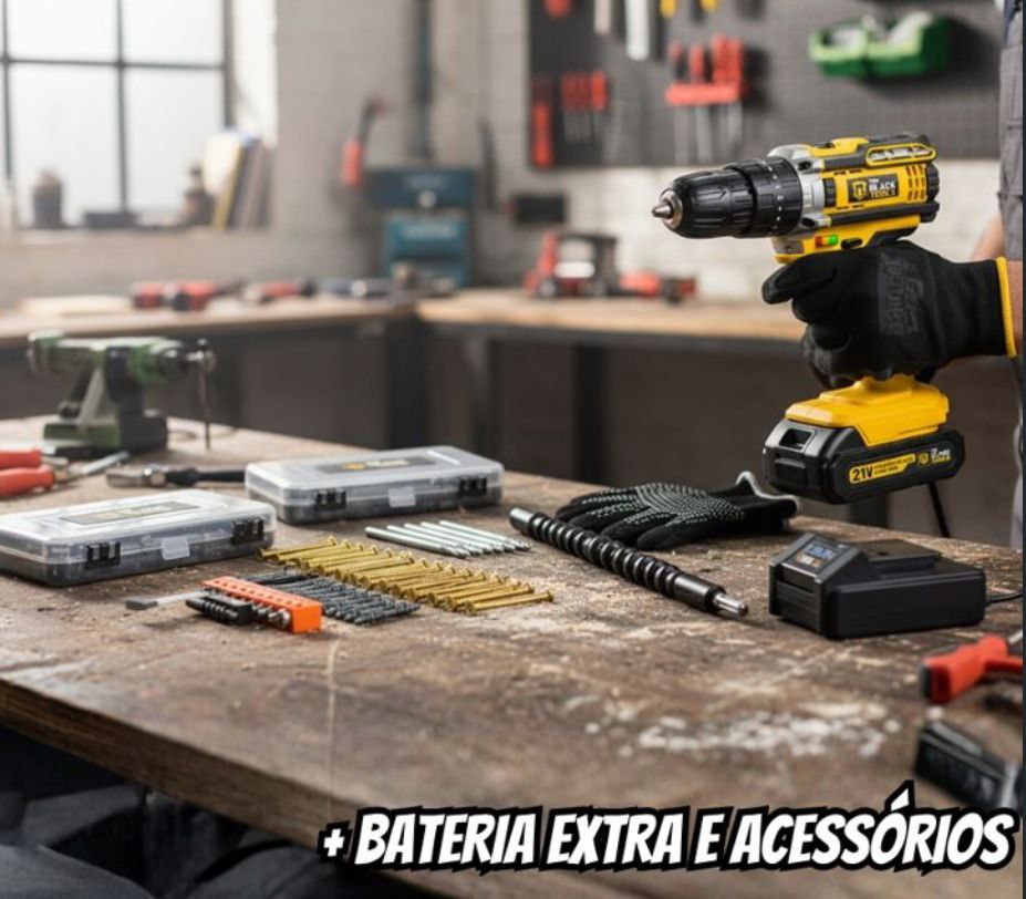 Parafusadeira Furadeira De Impacto 21v Bateria 2ah C/ Maleta The Black Tools + Kit Estojo ...