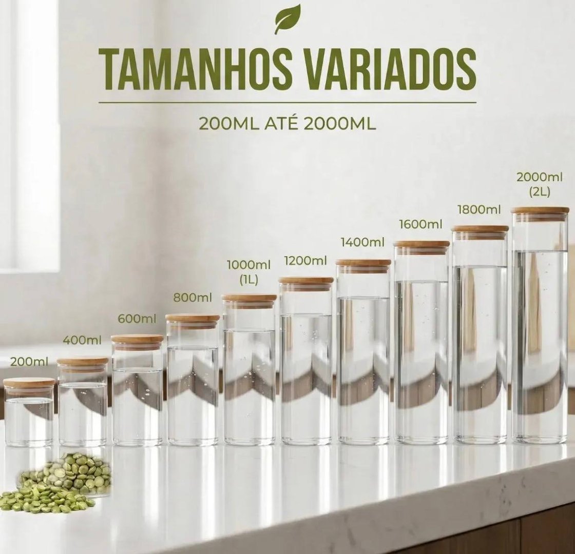 Kit 13 Potes Vidro Mantimentos Herméticos Com Tampa Bambu Alta Resistência 12 Litros Vitre...