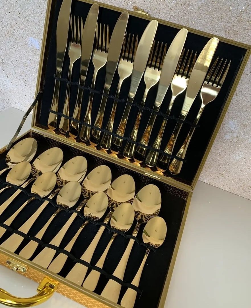 Kit 24 Talheres Luxo Premium Faqueiro Dourado Com Maleta Dourado