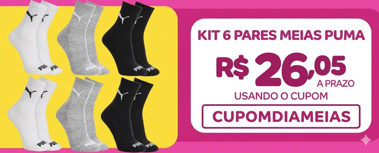 Kit 6 Pares Meias Puma Cano Médio Alto Algodão Meia Adulto Masculino Feminino Academia Ori...