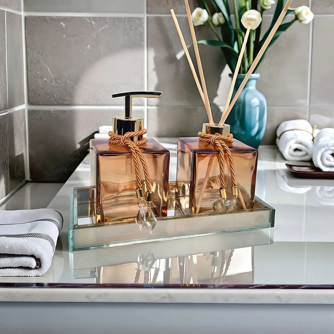 Kit Lavabo Completo Banheiro Com Bandeja Luxo Vidro Decoração Difusor Saboneteira Aromatizador Decorado Presente Elegante Âmbar