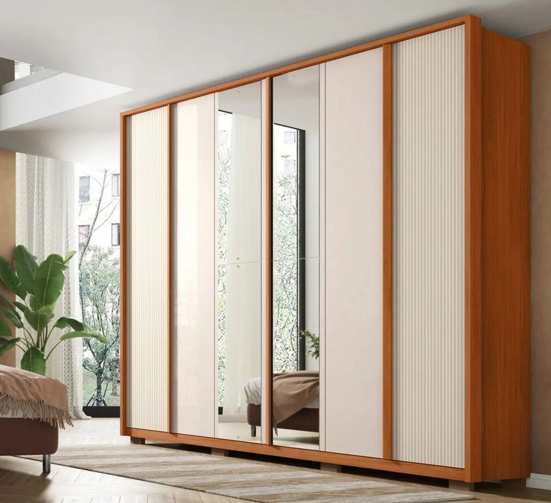 Guarda-roupa Casal 4 Gavetas 6 Portas Caemmun Cléo 100% MDF L 235,6cm x A 231,3cm x P 49,5cm - Freijó e Off White