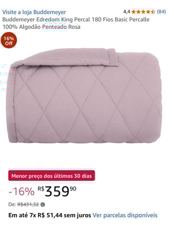 Buddemeyer Edredom King Percal 180 Fios Basic Percalle 100% Algodão Penteado Rosa