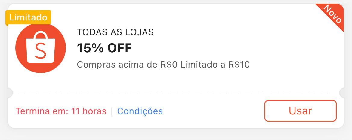 Cupom 15% Limitado a R$ 10 - Shopee