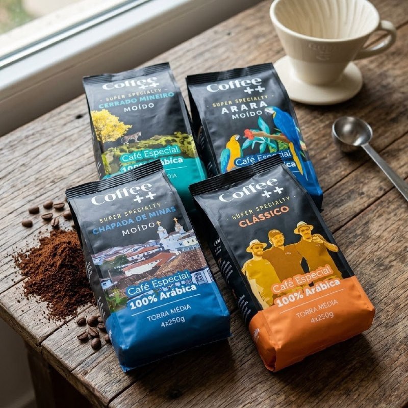 Kit 4 Pacotes Café Especial Torrado e Moído Coffee Mais Variedades: Cerrado Mineiro, Arara, Chapada de Minas e Clássico - 100% Arábica (4x250g)