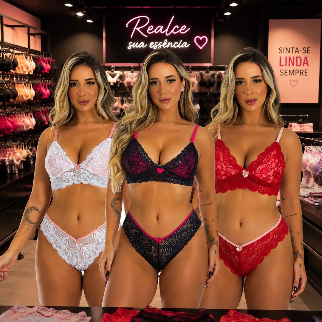 Kit 3 Conjuntos De Lingerie Peacock Store Bicolor Calcinha e Sutiã s/ bojo - Tam. P ao GG