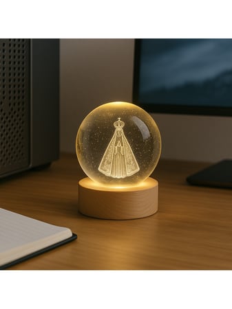 Luminária de Mesa Nossa Senhora Aparecida 3D em Bola de Cristal com Base de Madeira e Luz ...
