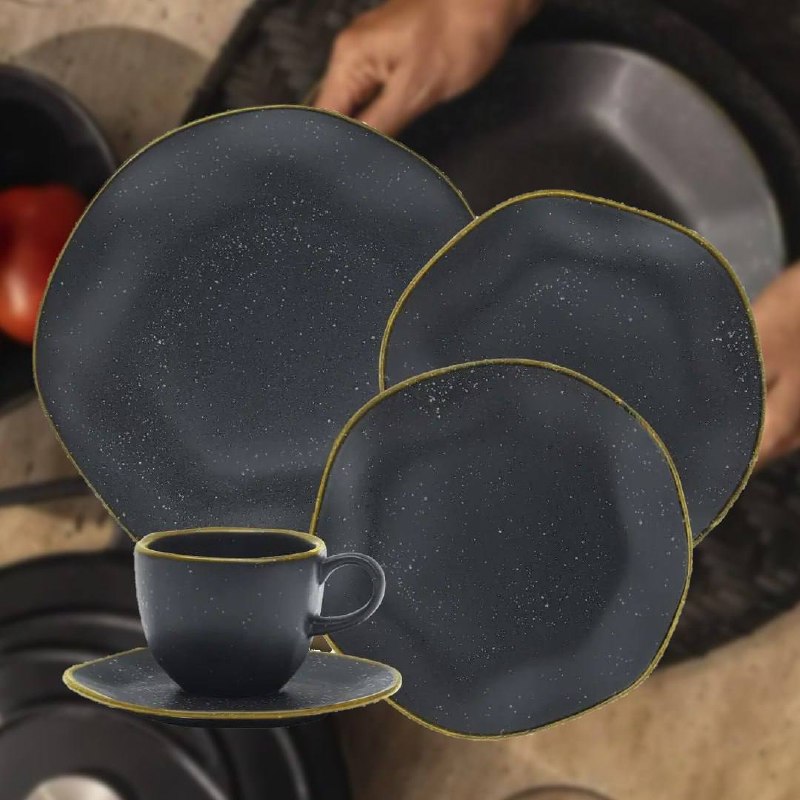 Aparelho De Jantar 20 Peças Volcano Ryo Oxford Porcelana Preto E Dourado Liso Acetinado Com Estalte Reagende
