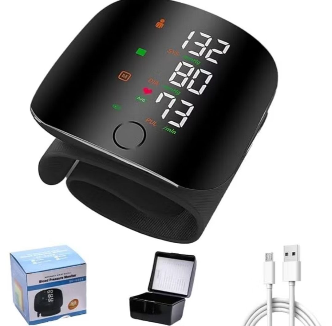 Monitor de pressão arterial de pulso, monitor de pressão arterial recarregável com tela se...