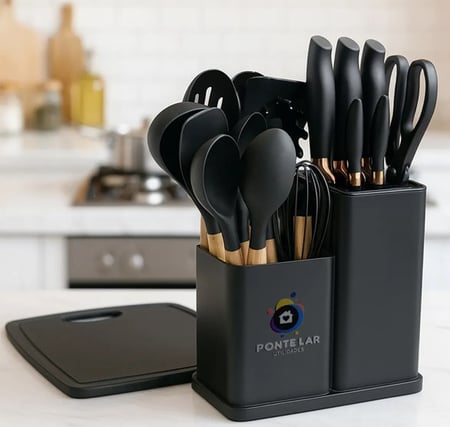 Kit Ponte Lar Utensilios de Cozinha Silicone + Jogo de Facas e Tabua - 19 Peças