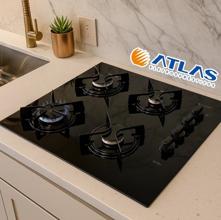 Cooktop 4 Bocas Atlas Preto Com Mesa De Vidro U Top Bivolt 110v/220v