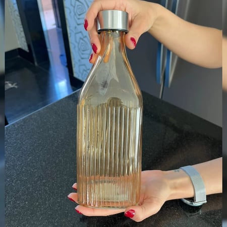 Garrafa De Vidro Scotch 1 Litro Quadrada Canelada Tampa Inox Água Suco Para Geladeira