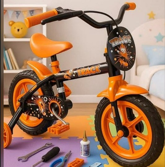 Bicicleta Aro 12 Infantil Track Bikes Arco Iris Preto e Laranja com Rodinhas