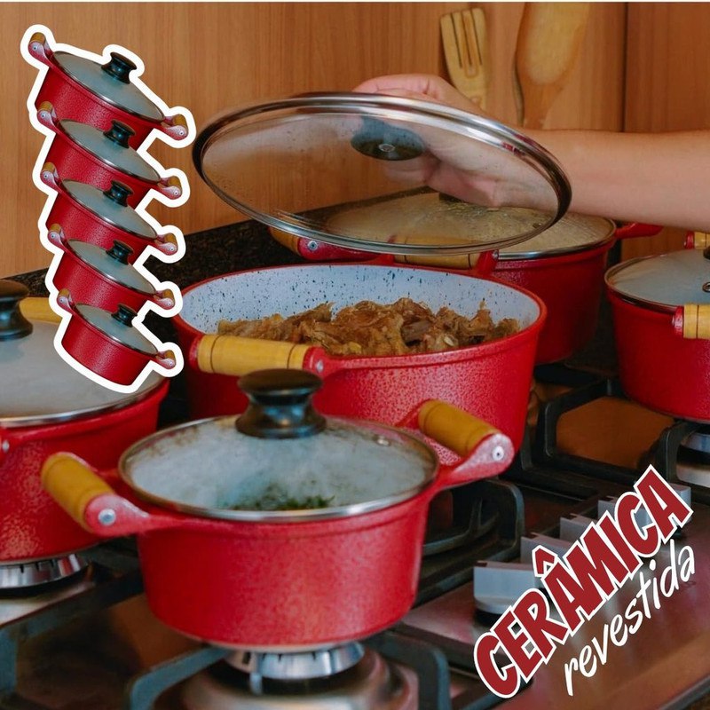 🤓Jogo 5 Panelas Cerâmica Atoxica Antiaderente em Aluminio Fundido com Tampas em Vidro Tem...