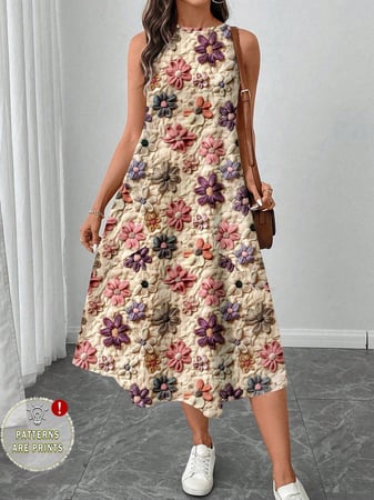 SHEIN LUNE Vestido Midi Casual Feminino de Gola Redonda com Estampa Floral, Adequado para ...