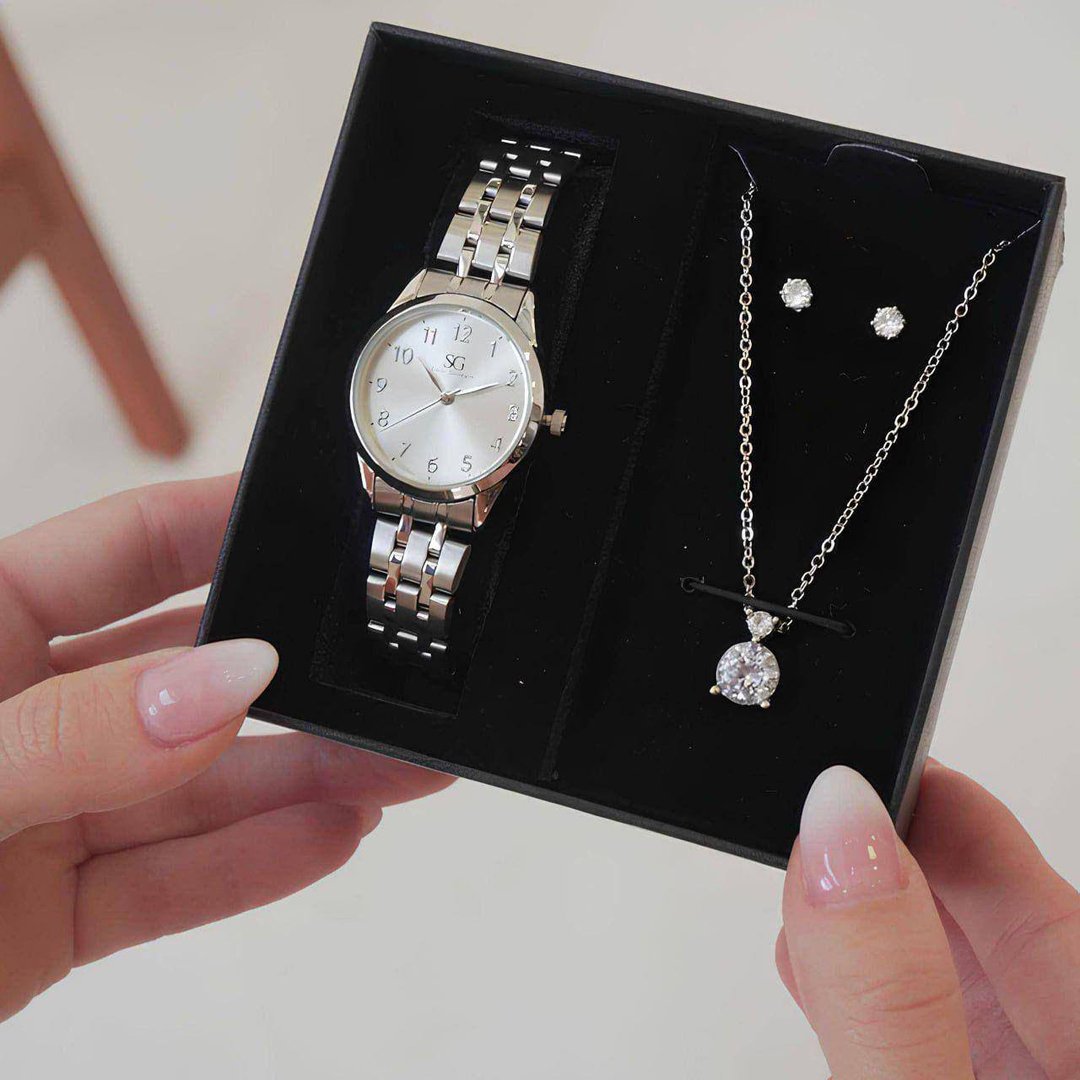 Kit Relógio Colar Brincos Prata Feminino Saint Germain 28 Mm Prateado