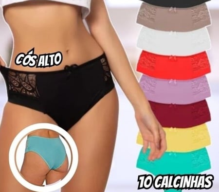 Kit 10 Calcinhas Cós Alto Detalhes Em Renda Lingerie