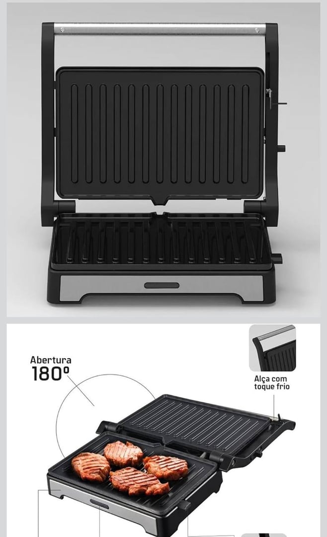 Sanduicheira e Mini Grill HQ 180º 1000W Antiaderente Inox HQ-SG002 220V