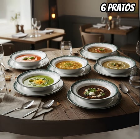 Estojo com 6 Pratos Fundos em Porcelana, Modelo Cilíndrica, Decoração Névoa Azul, Porcelan...