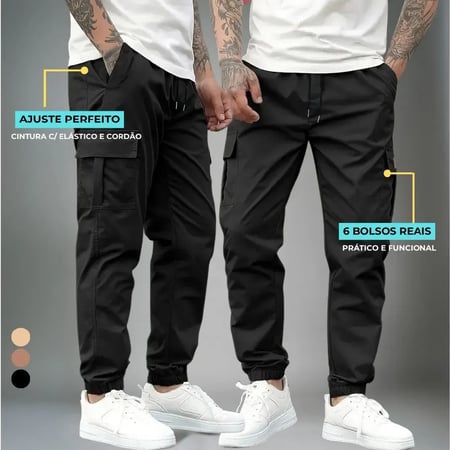 Calça Jogger Cargo Masculina Sarja Calca Streetwear Punho