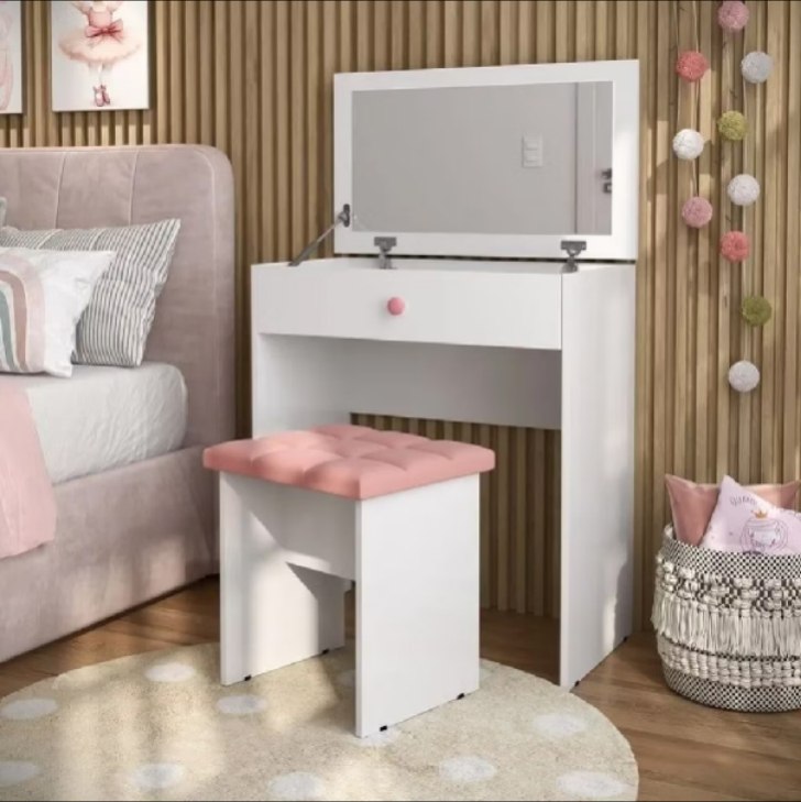 Penteadeira Escrivaninha Mesa Camarim Com Espelho e Gaveta e  Banqueta Branca MOANA