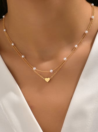 2 peças conjunto de colar ajustável com decoração de pérolas falsas em forma de coração, p...