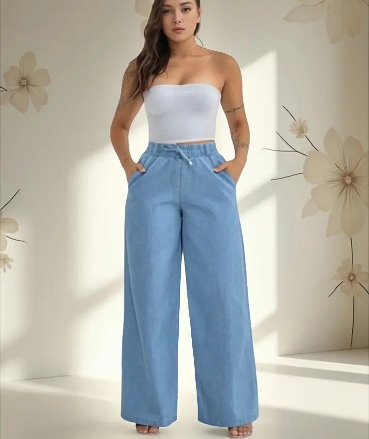 Calça Jeans Feminina Pantalona Wide Leg Cintura Elastico - Tam. P ao GG