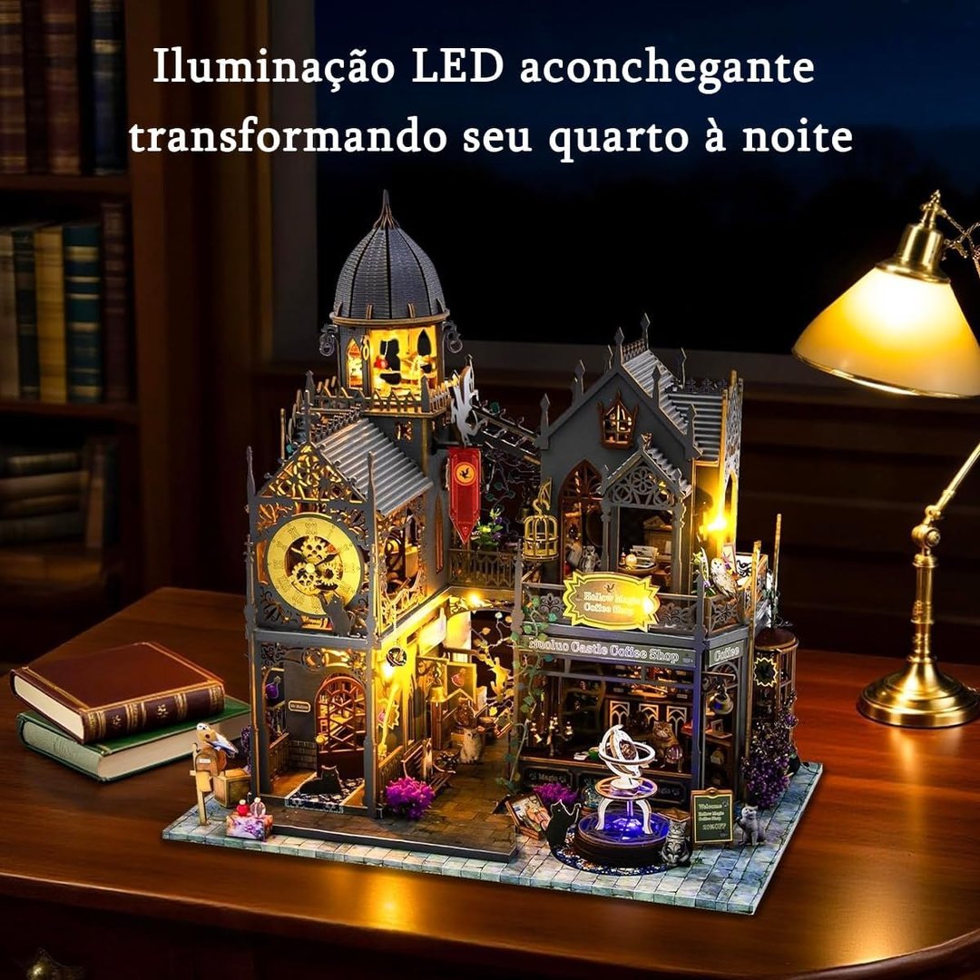 Castelo Mágico DIY - Conjunto de Móveis de Madeira em Miniatura com Kit de Iluminação e Caixa de Música, Para Crianças a Partir de 14 Anos e Adultos