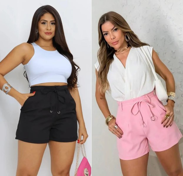 Kit 2 Shorts LOULOU Alfaiataria Cintura Alta Candy Feminino Tam. P/M/G - 6 cores