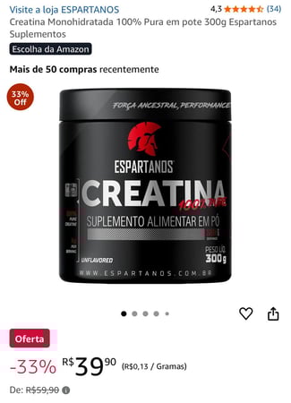Creatina Monohidratada 100% Pura em pote 300g Espartanos Suplementos