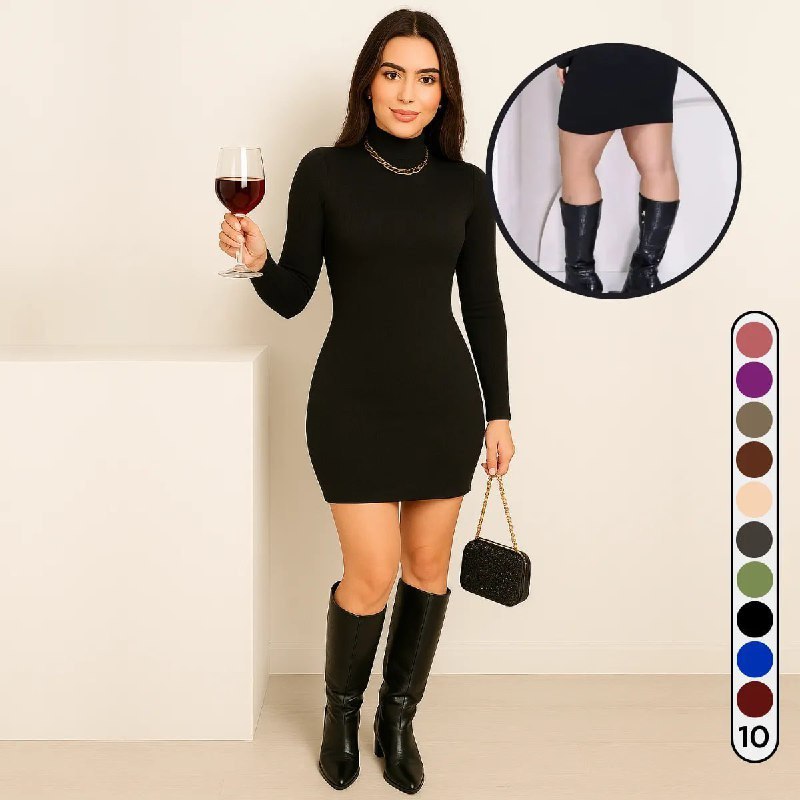 Vestido Midi Feminino Canelado Elegante Colado Gola Alta Amy