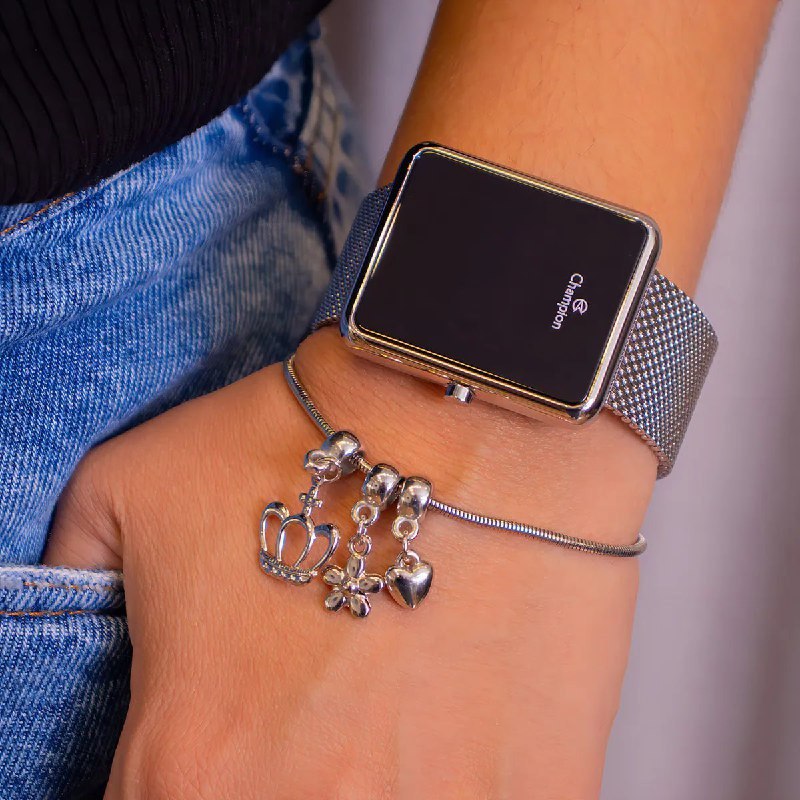 Relógio Feminino Champion Digital Prata Ch40083t Kit Joias Correia Prateado Bisel Prateado...