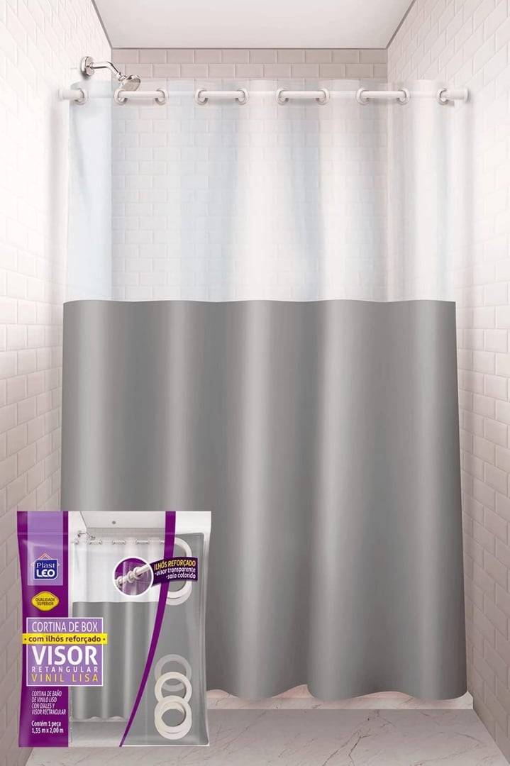 Cortina para Box Cinza com Ilhós Visor Cristal (1,35x2,00m) | Plast Leo (Ref.641-H)