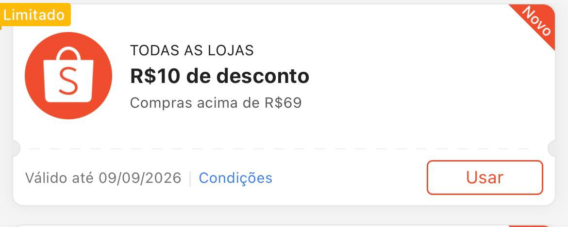 Cupom R$ 10 a partir de R$ 69 - Shopee