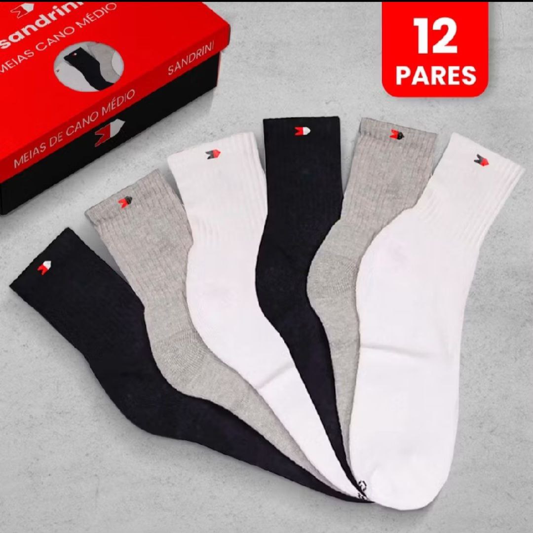 Kit 12 Pares de Meias Sandrini Cano Médio Algodão Esporte Conforto