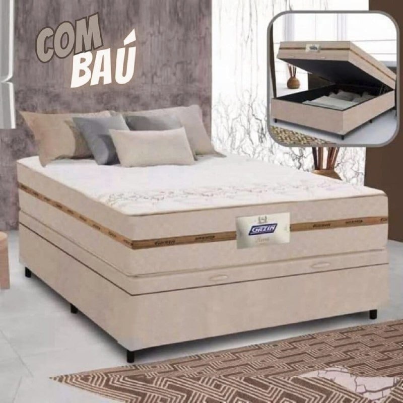 Cama Box Baú Casal Colchão Gazin Molas Flora Bege 138x188x63cm