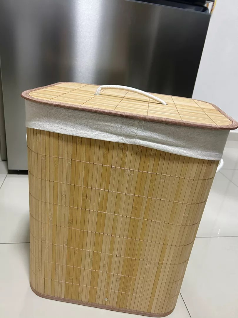 Cesto De Roupas Bambu Dobravel Retangular Banheiro Lavanderia Organizador Forrado 60L